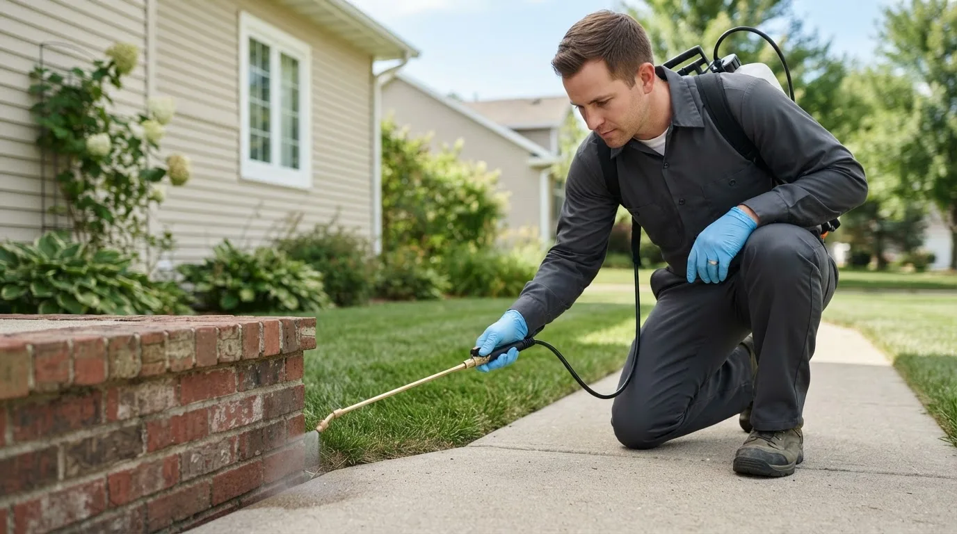 Pest control technician treating a home near East Prairie, MO